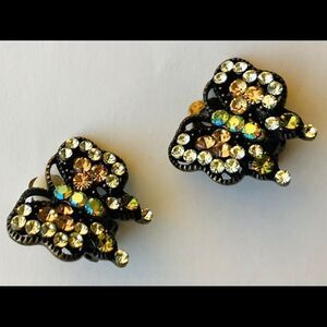Vintage 1960s Rhinestone Butterfly Clip On Earrings Black Enamel  Pastel Yellow